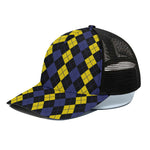 Yellow Black And Blue Argyle Print Black Mesh Trucker Cap
