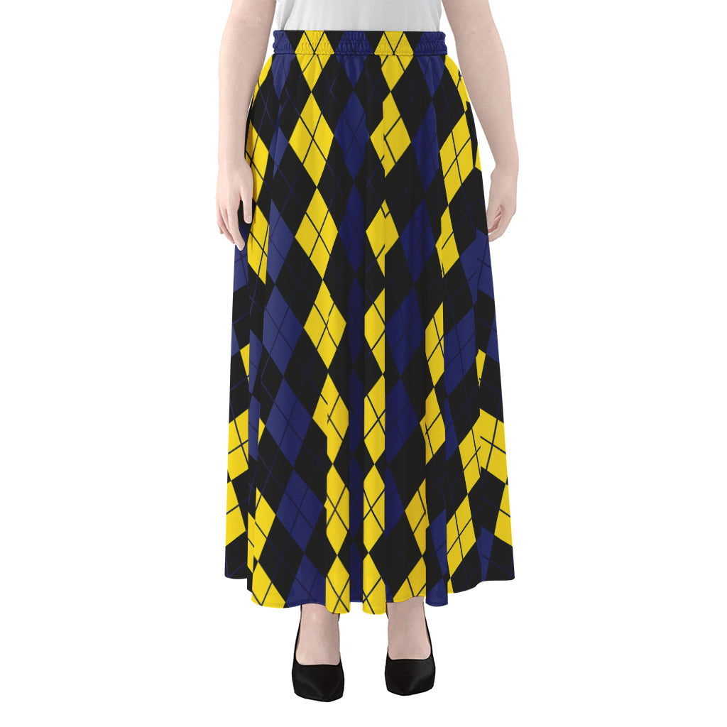 Yellow Black And Blue Argyle Print Chiffon Maxi Skirt