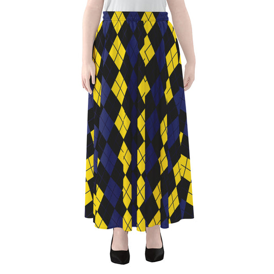 Yellow Black And Blue Argyle Print Chiffon Maxi Skirt