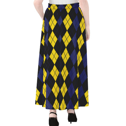 Yellow Black And Blue Argyle Print Chiffon Maxi Skirt