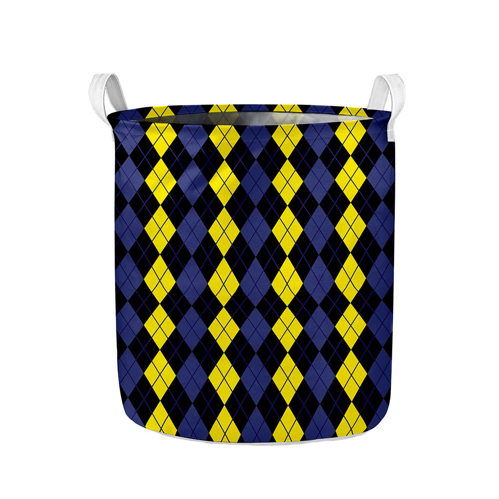 Yellow Black And Blue Argyle Print Collapsible Laundry Basket