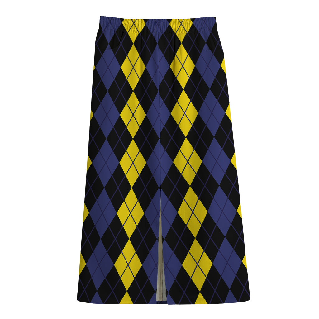 Yellow Black And Blue Argyle Print Cotton Front Slit Maxi Skirt