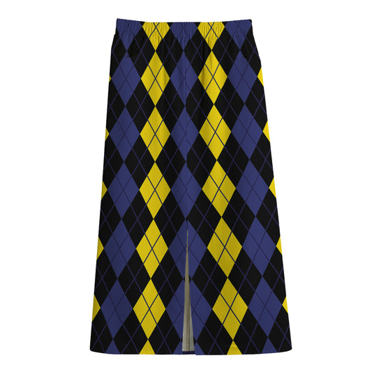Yellow Black And Blue Argyle Print Cotton Front Slit Maxi Skirt