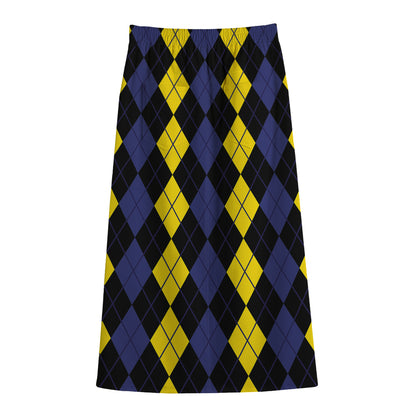 Yellow Black And Blue Argyle Print Cotton Front Slit Maxi Skirt