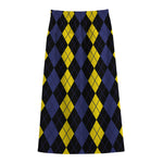 Yellow Black And Blue Argyle Print Cotton Front Slit Maxi Skirt