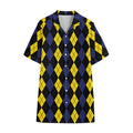 Yellow Black And Blue Argyle Print Cotton Hawaiian Shirt