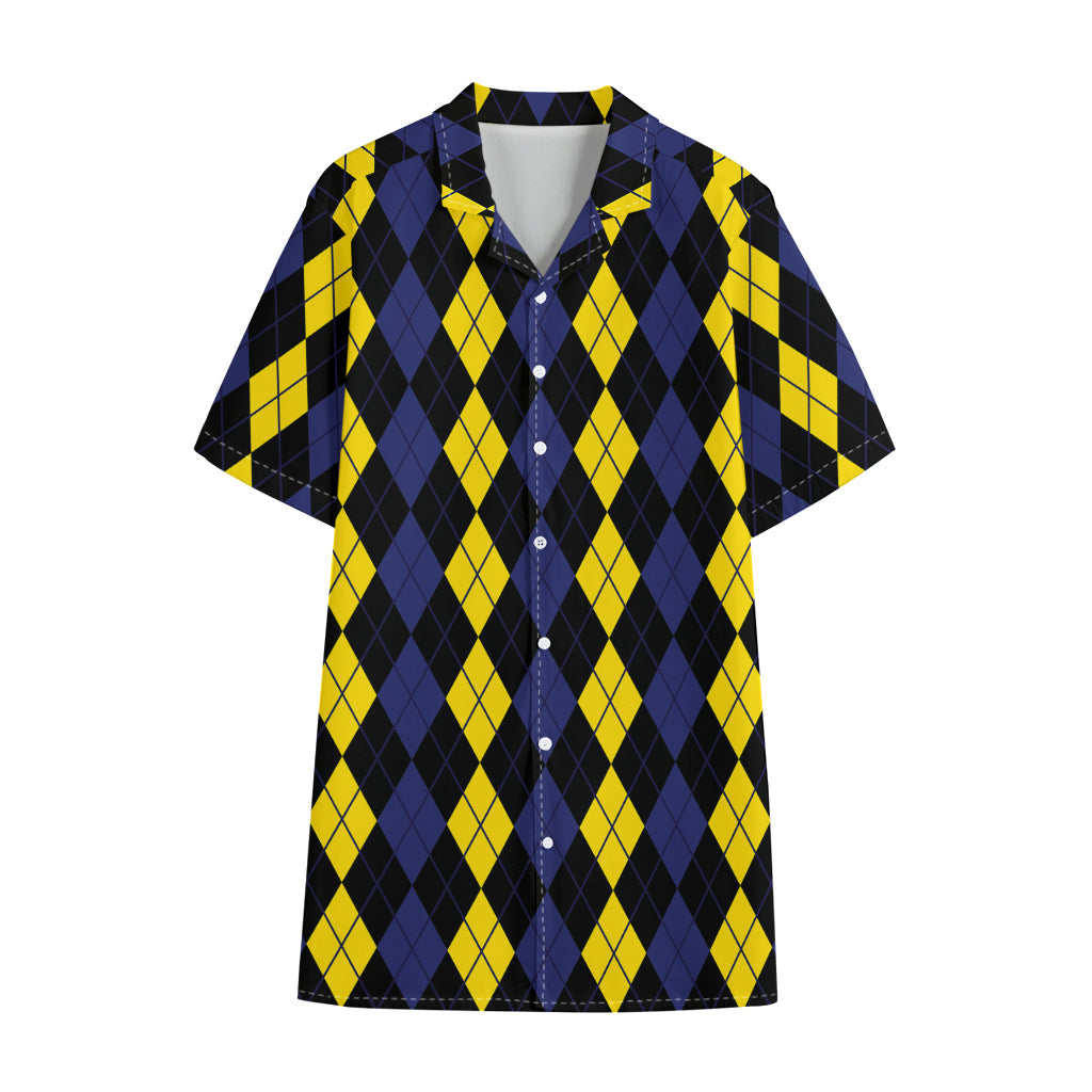 Yellow Black And Blue Argyle Print Cotton Hawaiian Shirt