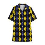 Yellow Black And Blue Argyle Print Cotton Hawaiian Shirt
