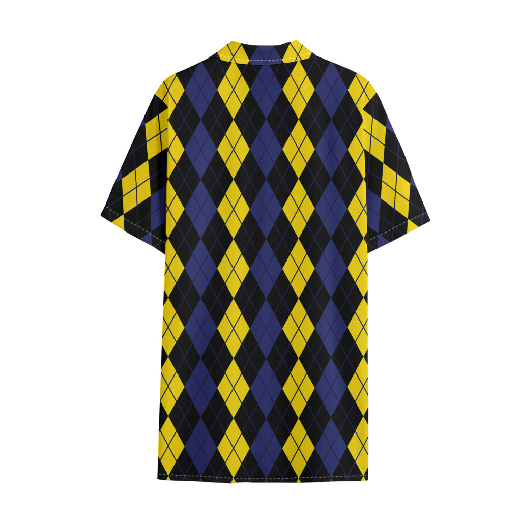 Yellow Black And Blue Argyle Print Cotton Hawaiian Shirt
