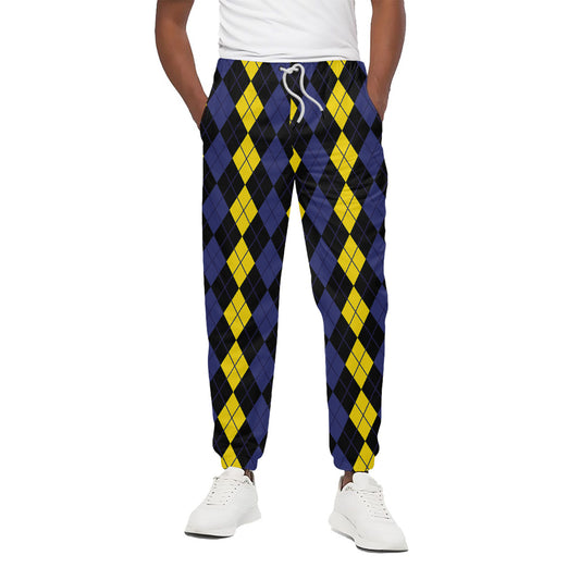 Yellow Black And Blue Argyle Print Cotton Pants
