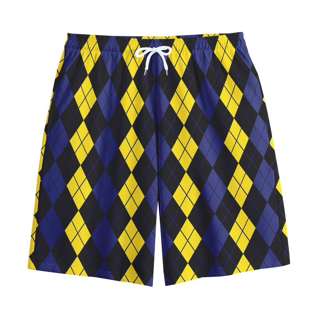 Yellow Black And Blue Argyle Print Cotton Shorts