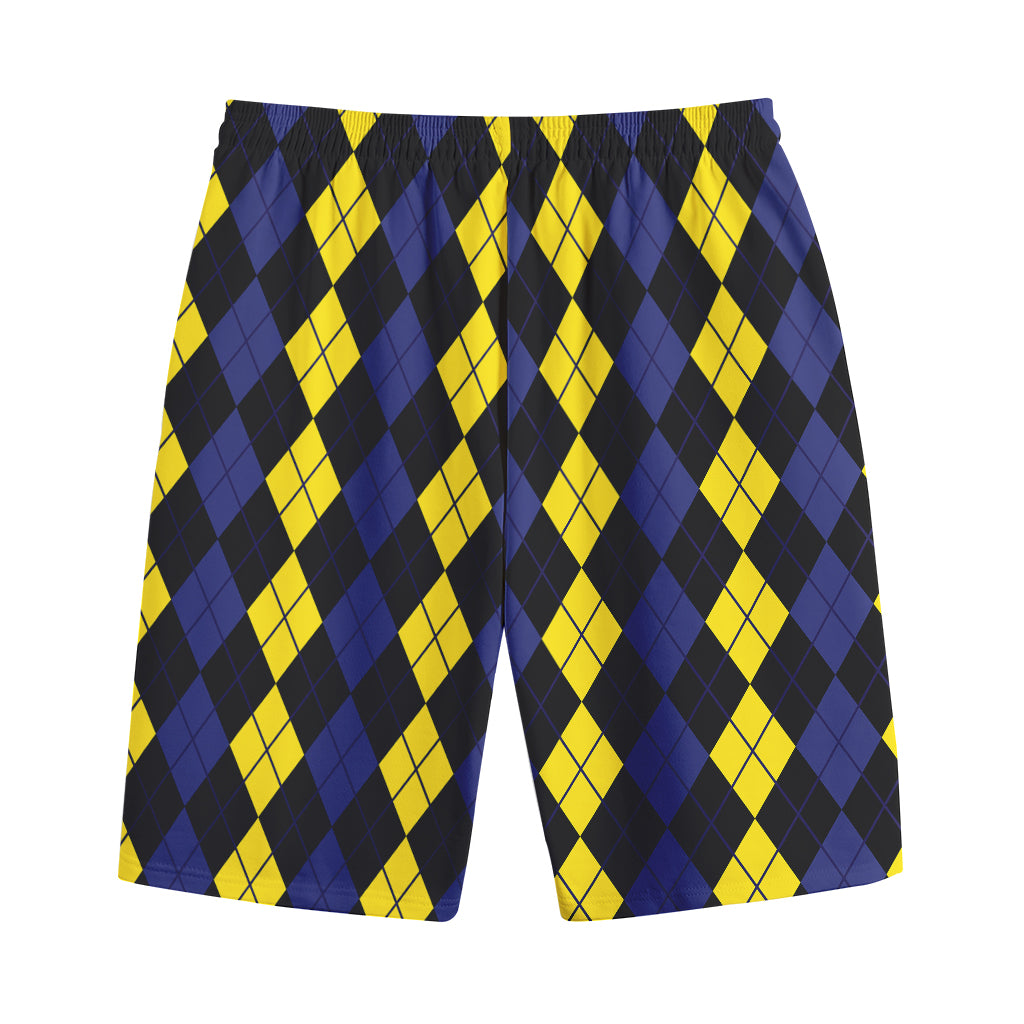 Yellow Black And Blue Argyle Print Cotton Shorts