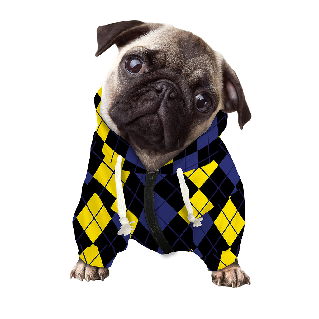 Yellow Black And Blue Argyle Print Dog Zip Up Hoodie