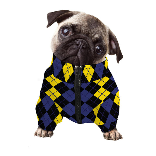 Yellow Black And Blue Argyle Print Dog Zip Up Jacket