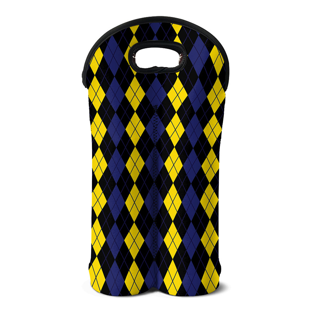 Yellow Black And Blue Argyle Print Double Neoprene Wine Tote