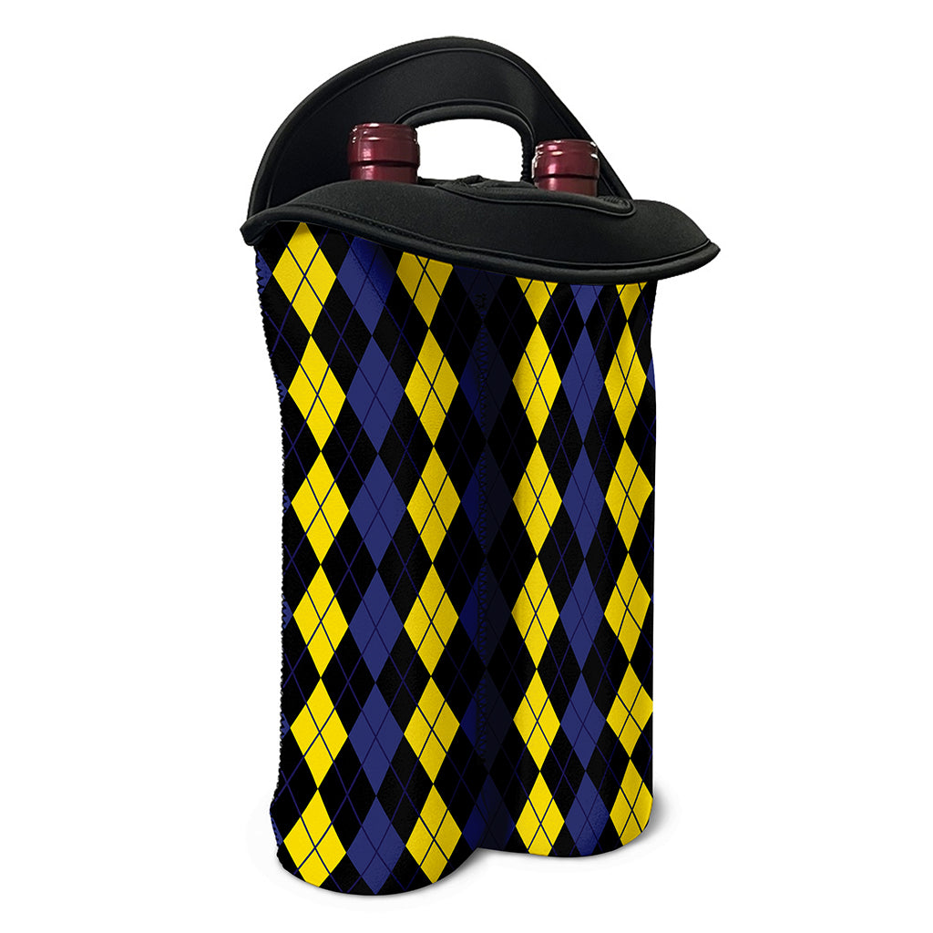 Yellow Black And Blue Argyle Print Double Neoprene Wine Tote