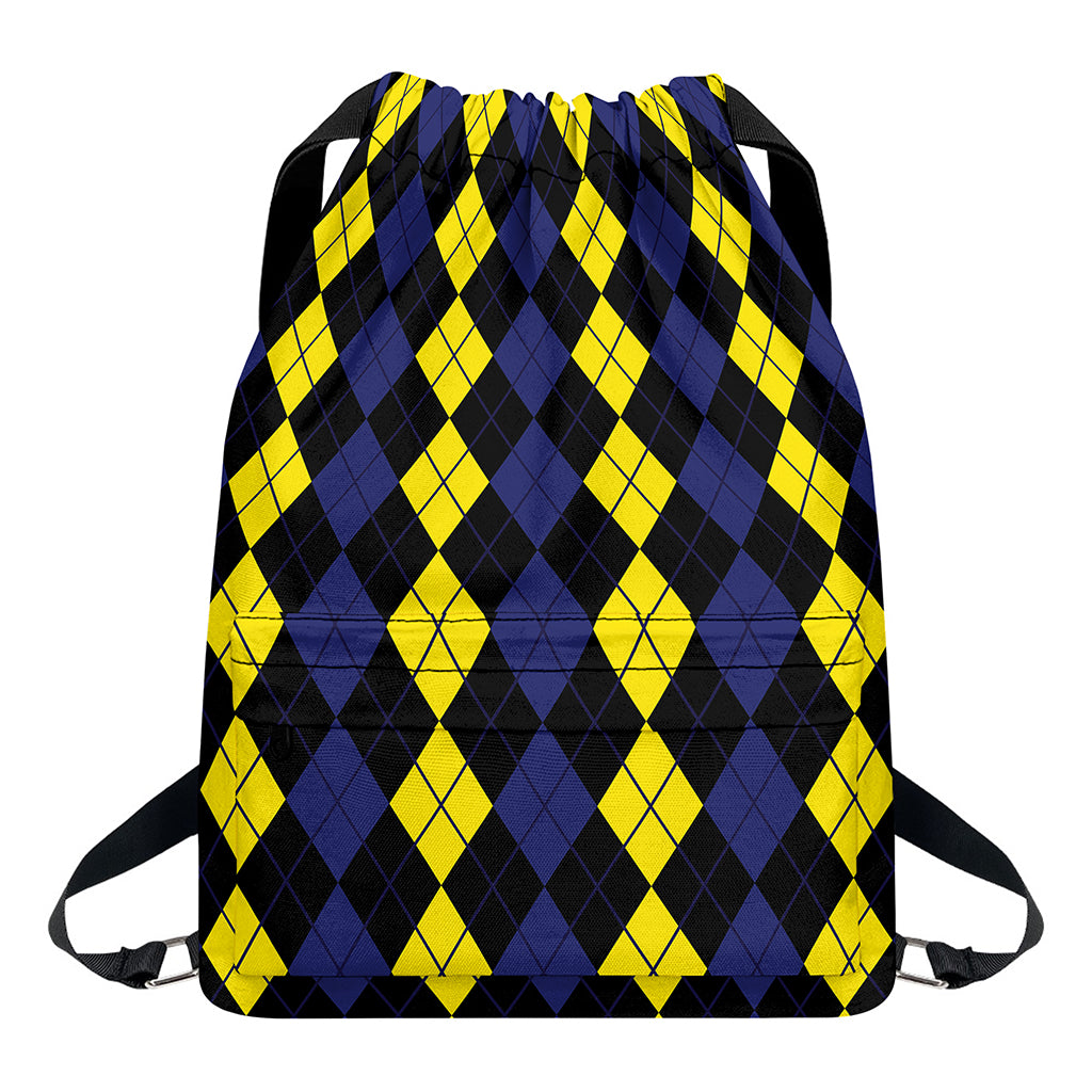 Yellow Black And Blue Argyle Print Drawstring Backpack