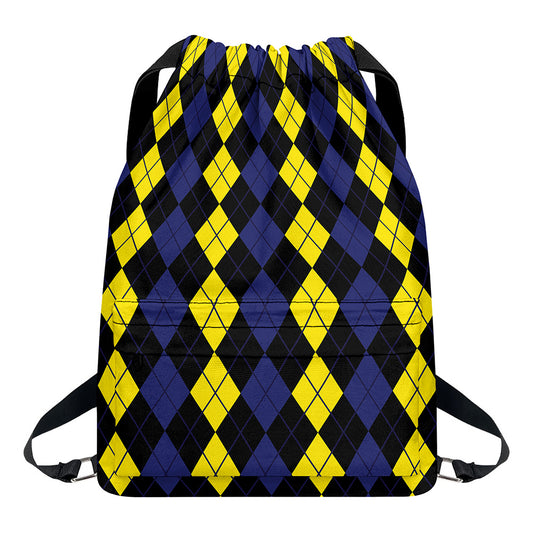 Yellow Black And Blue Argyle Print Drawstring Backpack