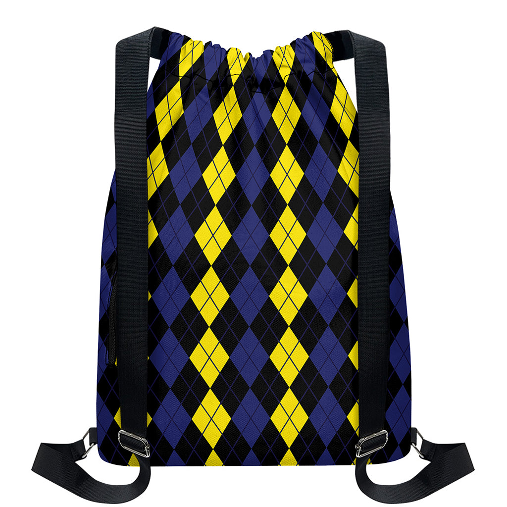 Yellow Black And Blue Argyle Print Drawstring Backpack