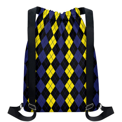 Yellow Black And Blue Argyle Print Drawstring Backpack