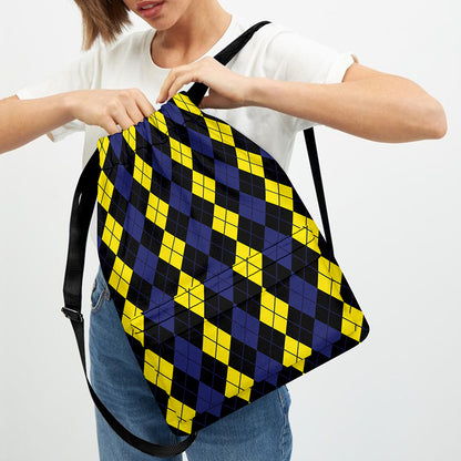Yellow Black And Blue Argyle Print Drawstring Backpack