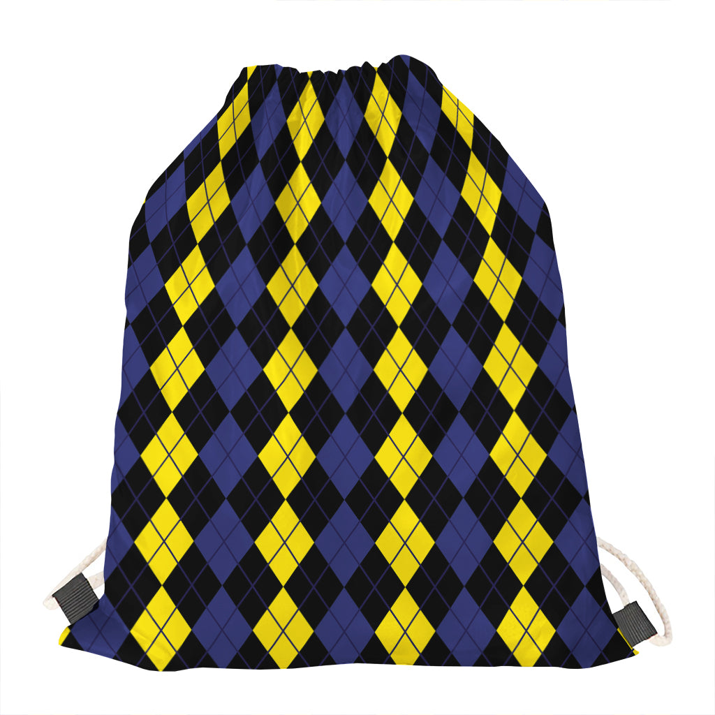 Yellow Black And Blue Argyle Print Drawstring Bag