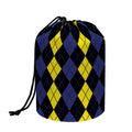 Yellow Black And Blue Argyle Print Drawstring Makeup Bag