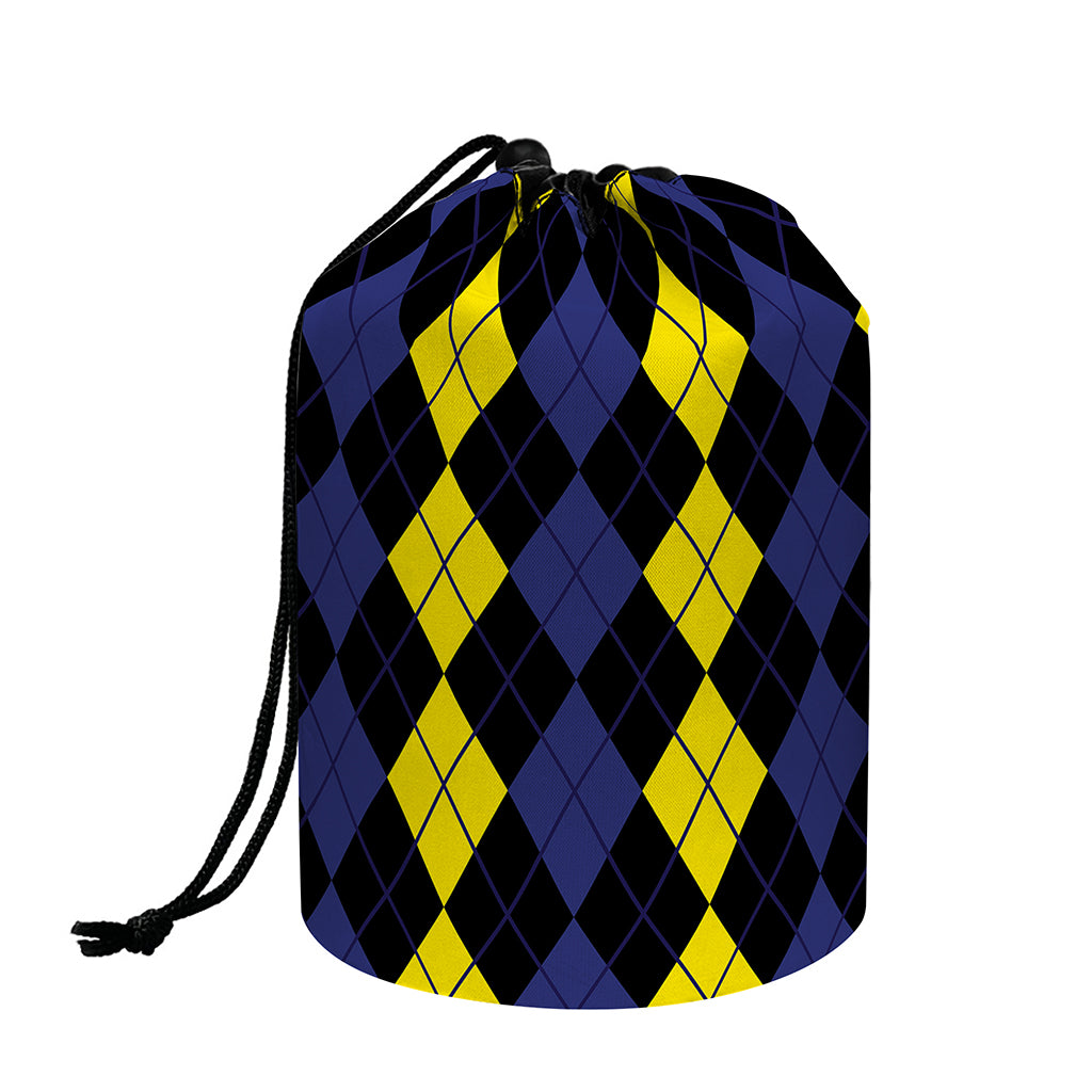 Yellow Black And Blue Argyle Print Drawstring Makeup Bag