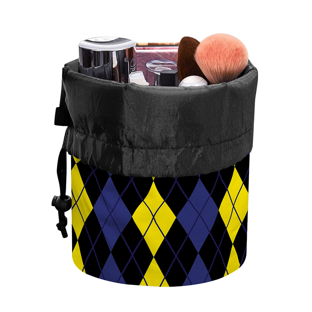Yellow Black And Blue Argyle Print Drawstring Makeup Bag