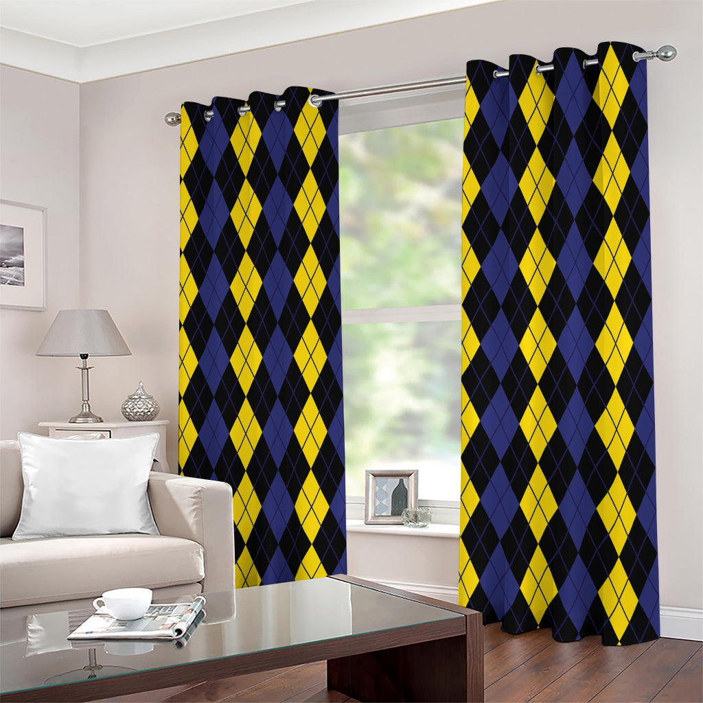 Yellow Black And Blue Argyle Print Extra Wide Grommet Curtains