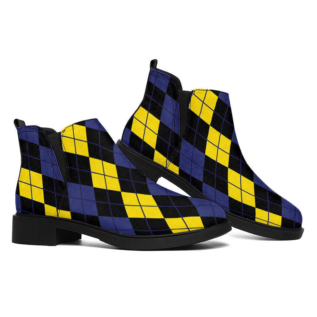 Yellow Black And Blue Argyle Print Flat Ankle Boots