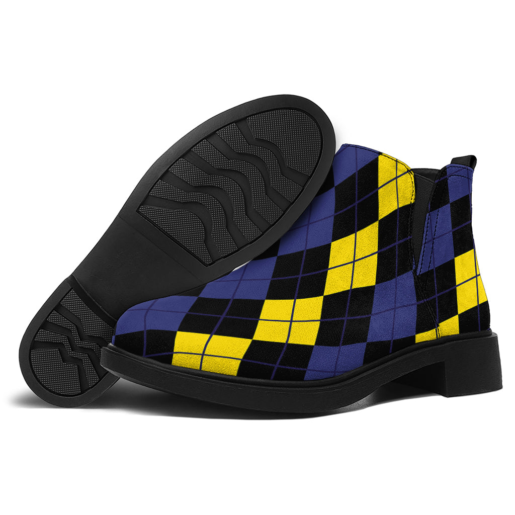 Yellow Black And Blue Argyle Print Flat Ankle Boots