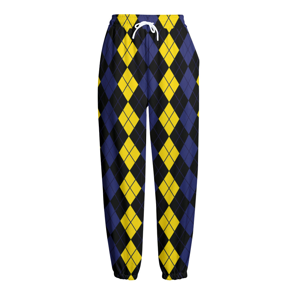 Yellow Black And Blue Argyle Print Fleece Lined Knit Pants