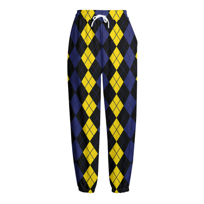 Yellow Black And Blue Argyle Print Fleece Lined Knit Pants