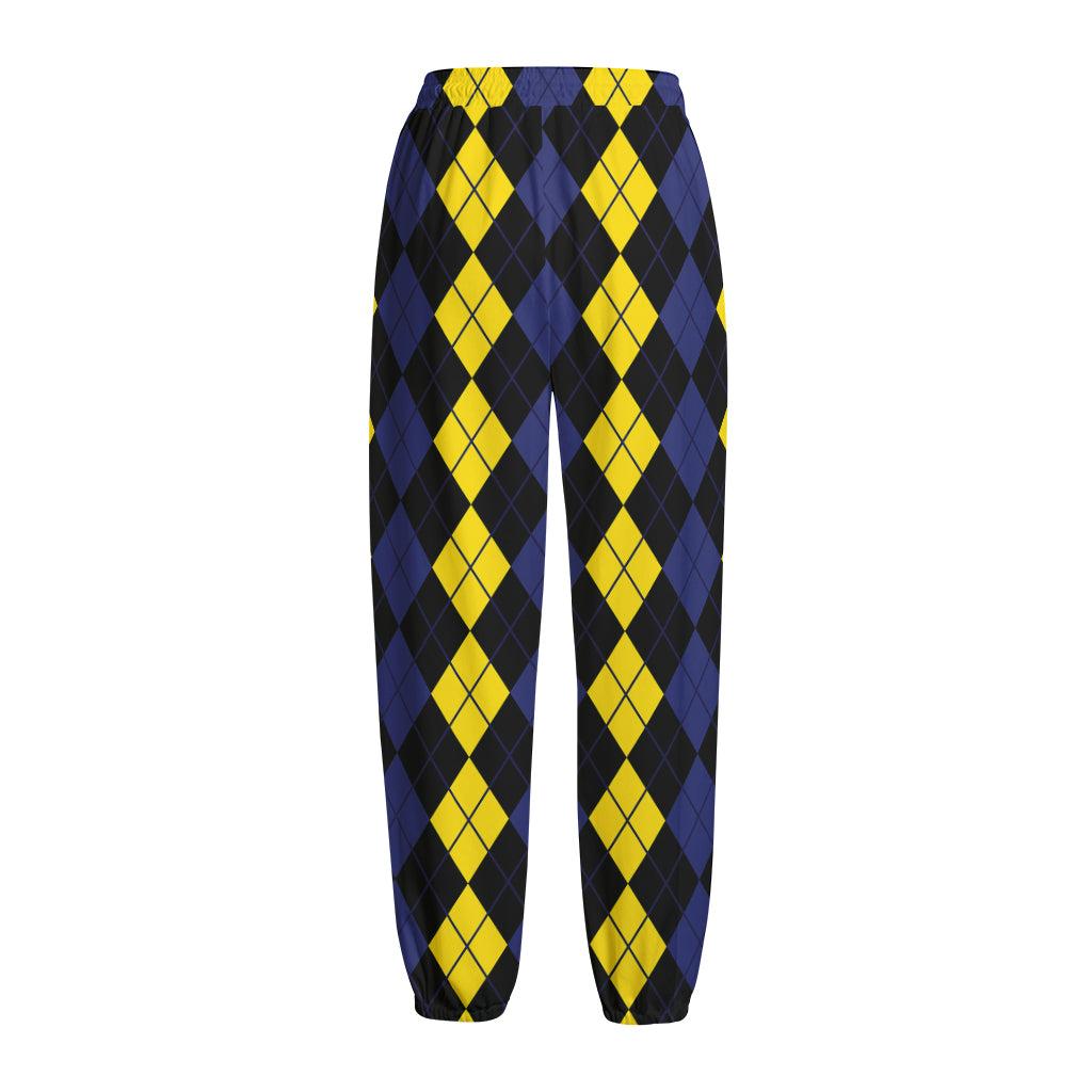 Yellow Black And Blue Argyle Print Fleece Lined Knit Pants