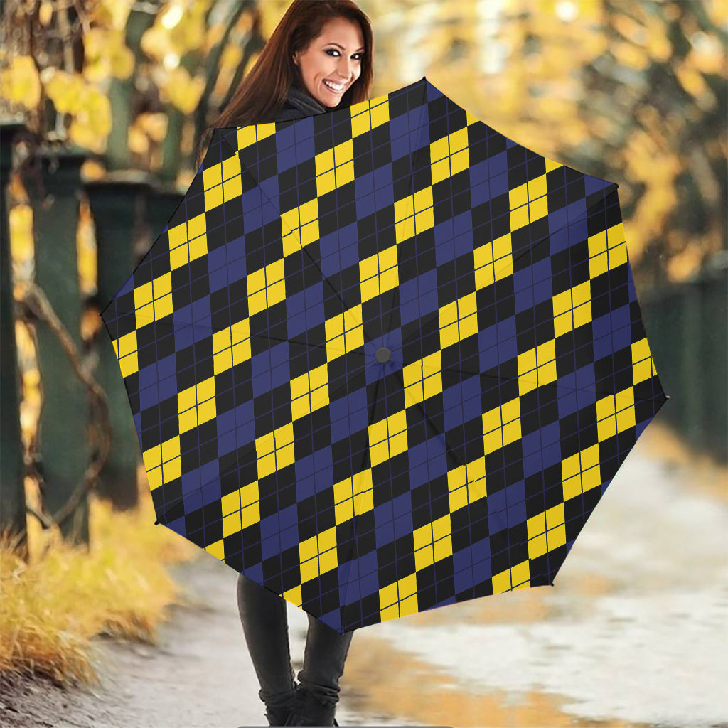 Yellow Black And Blue Argyle Print Foldable Umbrella