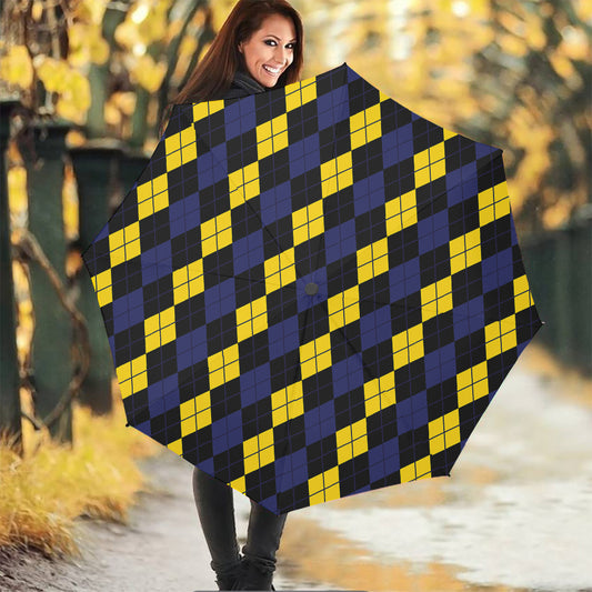 Yellow Black And Blue Argyle Print Foldable Umbrella
