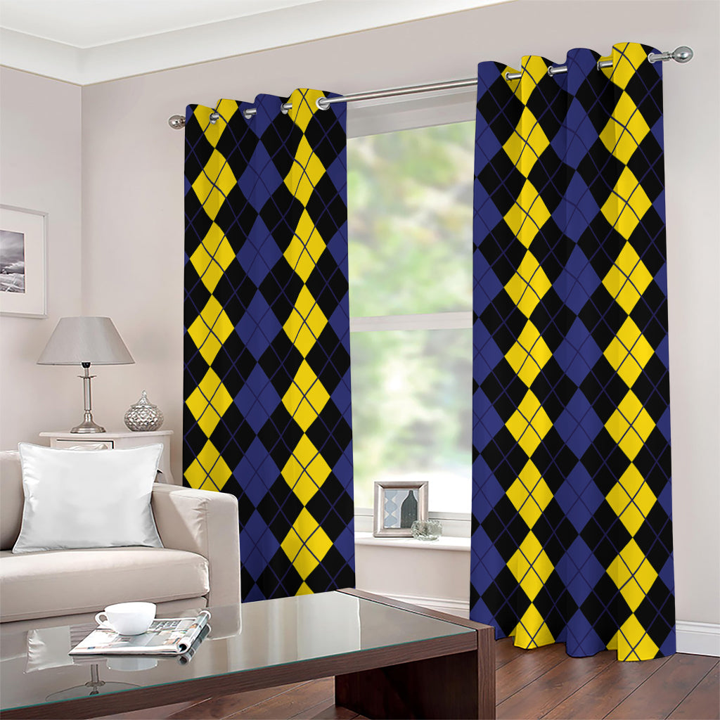 Yellow Black And Blue Argyle Print Grommet Curtains