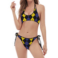 Yellow Black And Blue Argyle Print Halter Scoop Tie Side Bikini