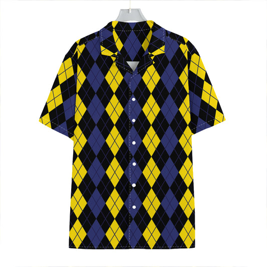 Yellow Black And Blue Argyle Print Hawaiian Shirt