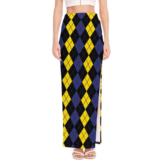 Yellow Black And Blue Argyle Print High Slit Maxi Skirt