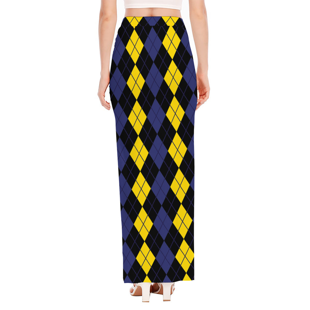 Yellow Black And Blue Argyle Print High Slit Maxi Skirt