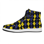 Yellow Black And Blue Argyle Print High Top Leather Sneakers