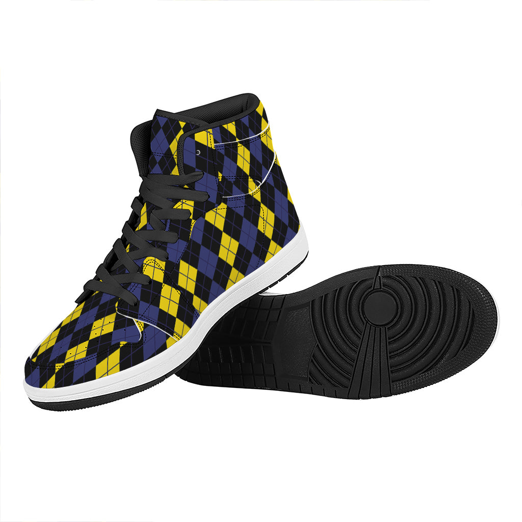 Yellow Black And Blue Argyle Print High Top Leather Sneakers