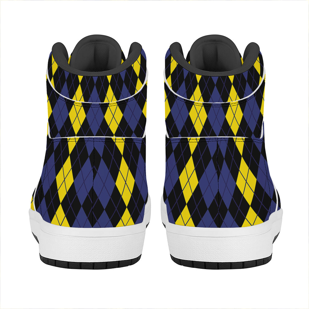 Yellow Black And Blue Argyle Print High Top Leather Sneakers