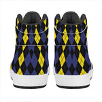 Yellow Black And Blue Argyle Print High Top Leather Sneakers