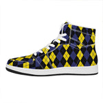 Yellow Black And Blue Argyle Print High Top Leather Sneakers