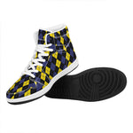 Yellow Black And Blue Argyle Print High Top Leather Sneakers