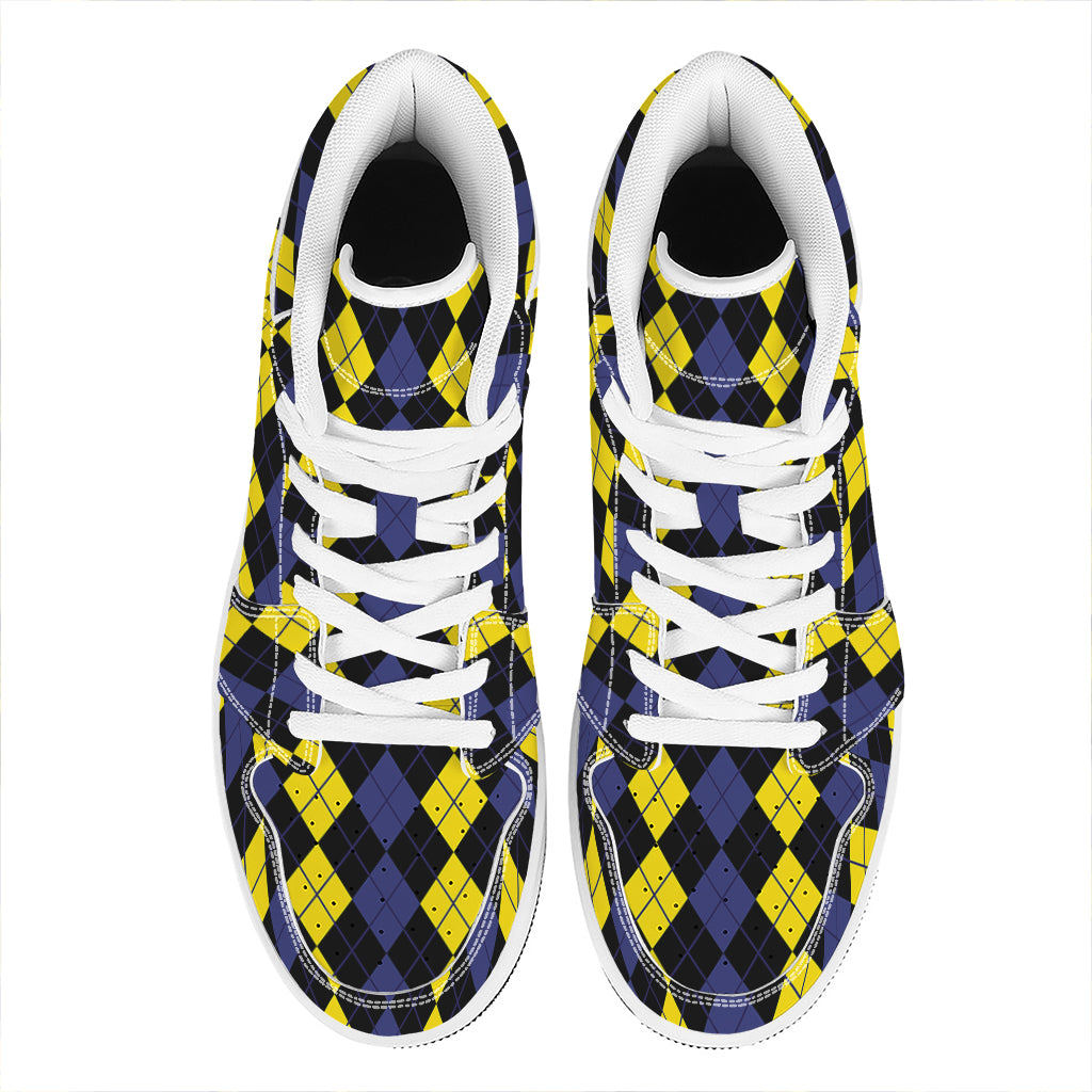 Yellow Black And Blue Argyle Print High Top Leather Sneakers