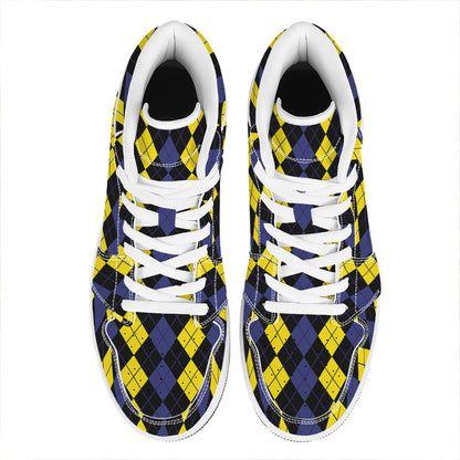 Yellow Black And Blue Argyle Print High Top Leather Sneakers